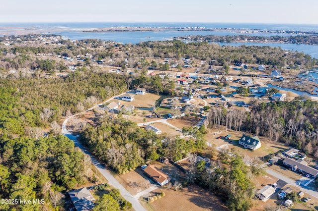 bird's eye view featuring a water view and a wooded view