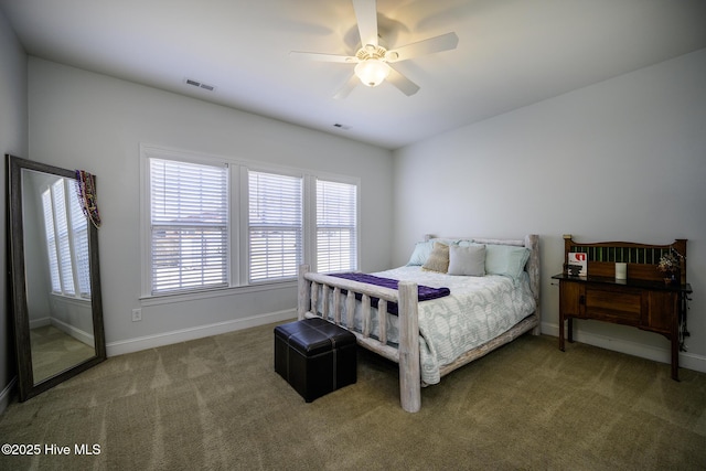 bedroom featuring carpet floors, a ceiling fan, visible vents, and baseboards