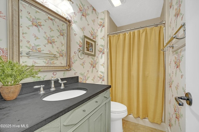 bathroom featuring vanity, tile patterned flooring, toilet, and wallpapered walls