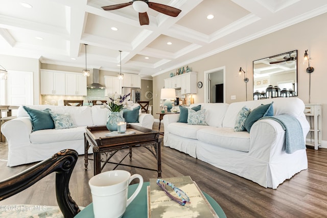 living room with dark wood-style floors, coffered ceiling, and beamed ceiling