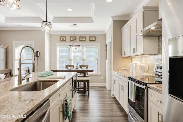 kitchen featuring dark wood-style floors, backsplash, appliances with stainless steel finishes, ornamental molding, and a sink