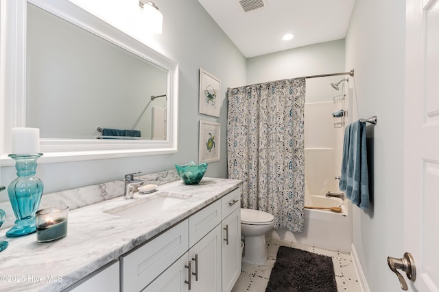 bathroom with toilet, visible vents, shower / tub combo with curtain, and vanity