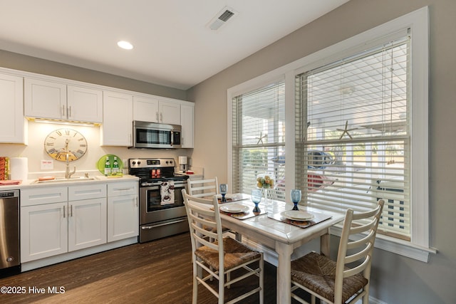 kitchen featuring a sink, visible vents, white cabinetry, appliances with stainless steel finishes, and dark wood-style floors