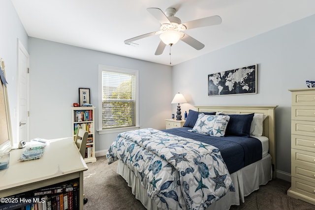 bedroom featuring carpet floors, ceiling fan, and baseboards