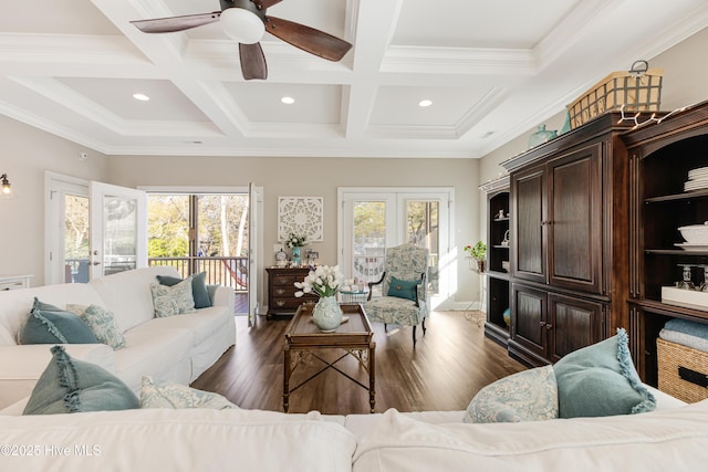 living area with dark wood-style floors, coffered ceiling, and beam ceiling