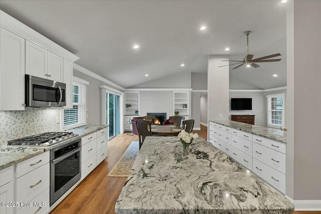 kitchen with light wood finished floors, open floor plan, appliances with stainless steel finishes, and a fireplace