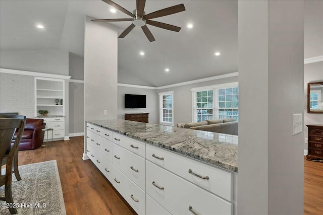 kitchen featuring dark wood finished floors, crown molding, light stone counters, and open floor plan