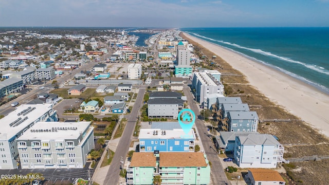 bird's eye view with a beach view and a water view