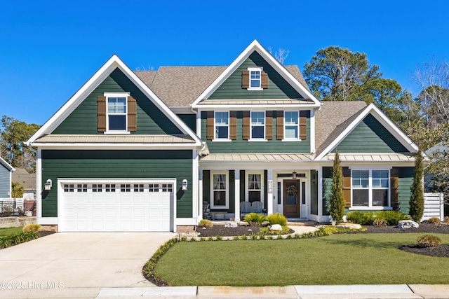 935 Baldwin Park Dr, Wilmington, NC 28411 - craftsman inspired home with a standing seam roof, a porch, a front lawn, concrete driveway, and roof with shingles