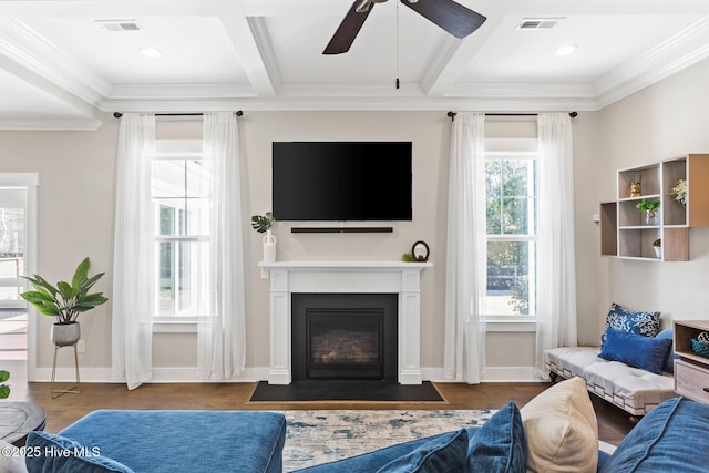 935 Baldwin Park Dr, Wilmington, NC 28411 - living area featuring coffered ceiling, ceiling fan, ornamental molding, wood finished floors, and a fireplace with flush hearth