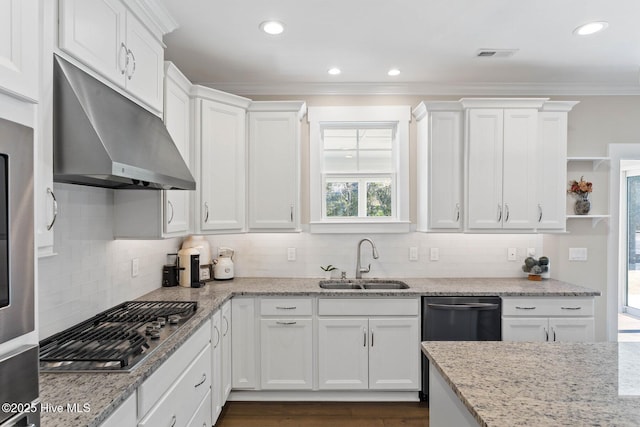 935 Baldwin Park Dr, Wilmington, NC 28411 - kitchen featuring a sink, under cabinet range hood, stainless steel appliances, white cabinets, and ornamental molding
