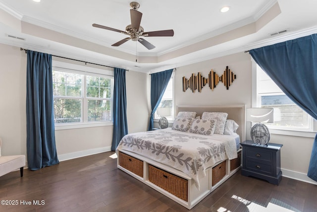 935 Baldwin Park Dr, Wilmington, NC 28411 - bedroom with a tray ceiling, ornamental molding, dark wood-style flooring, baseboards, and recessed lighting