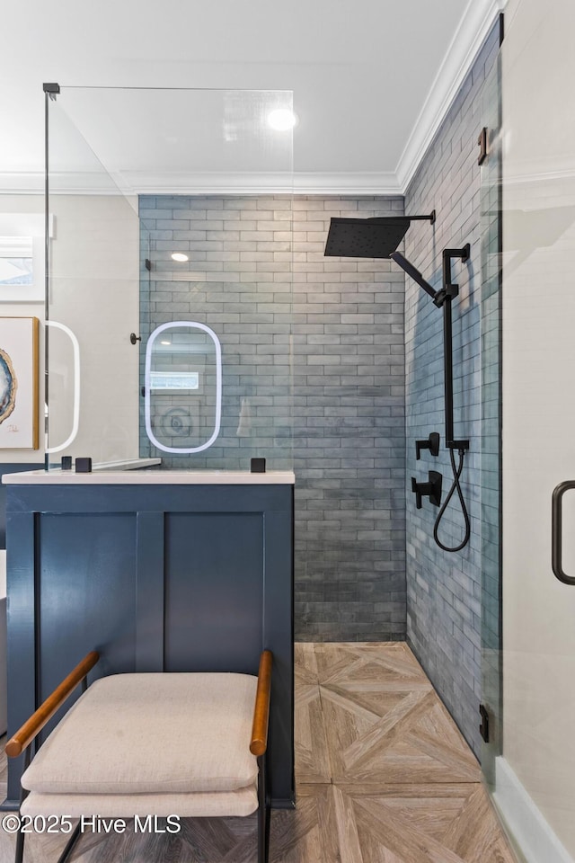 935 Baldwin Park Dr, Wilmington, NC 28411 - full bathroom with crown molding, a shower stall, and vanity