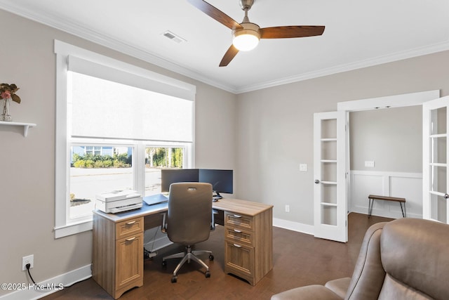935 Baldwin Park Dr, Wilmington, NC 28411 - office with dark wood finished floors, ornamental molding, a ceiling fan, french doors, and baseboards