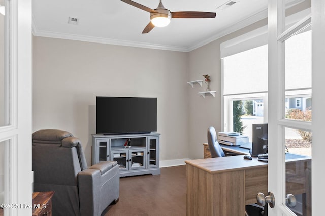 935 Baldwin Park Dr, Wilmington, NC 28411 - office featuring ceiling fan, dark wood-style floors, crown molding, and baseboards