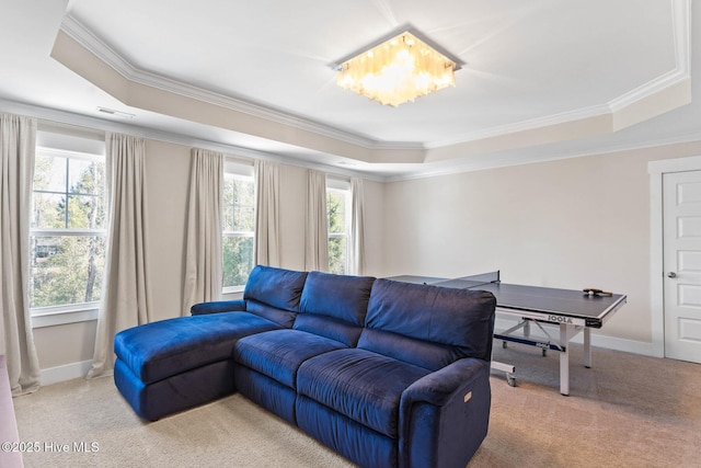 935 Baldwin Park Dr, Wilmington, NC 28411 - living area with a raised ceiling, ornamental molding, light carpet, and baseboards