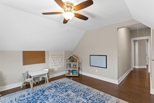 935 Baldwin Park Dr, Wilmington, NC 28411 - game room with attic access, wood finished floors, a ceiling fan, baseboards, and lofted ceiling