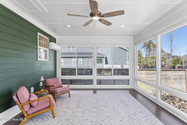935 Baldwin Park Dr, Wilmington, NC 28411 - sunroom with a wall mounted AC, recessed lighting, wood finished floors, and wooden walls