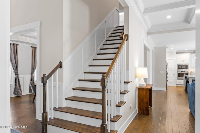 935 Baldwin Park Dr, Wilmington, NC 28411 - stairs featuring crown molding, wood-type flooring, recessed lighting, and baseboards