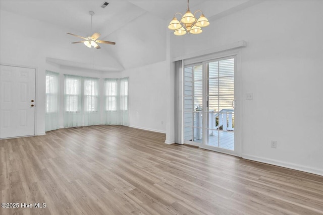 unfurnished living room with light wood-type flooring, visible vents, high vaulted ceiling, and baseboards