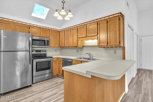 kitchen featuring brown cabinetry, appliances with stainless steel finishes, a peninsula, light countertops, and a sink