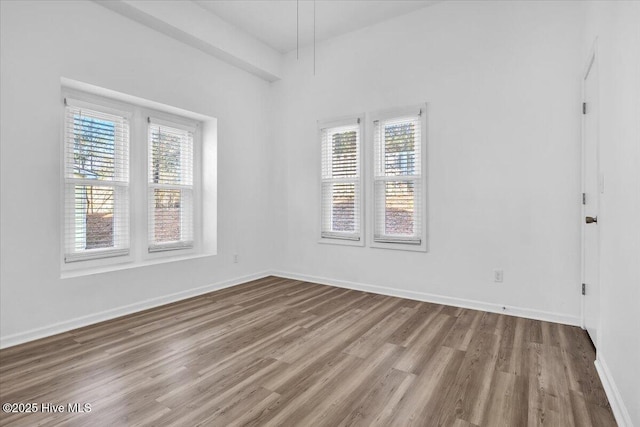 empty room featuring plenty of natural light, wood finished floors, and baseboards