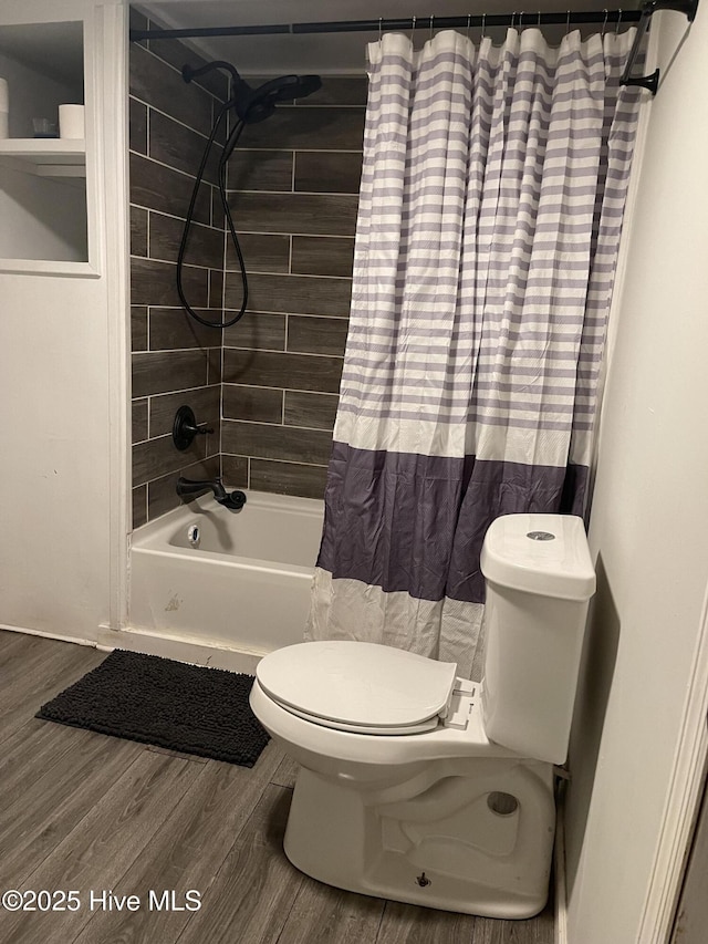 full bathroom with shower / bath combination with curtain, toilet, and wood finished floors