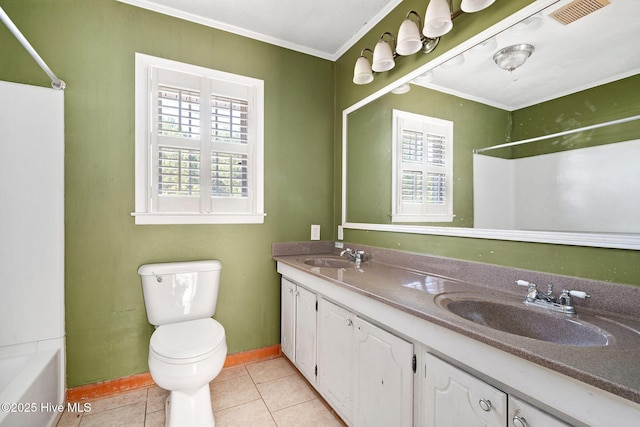 bathroom featuring double vanity, visible vents, ornamental molding, a sink, and tile patterned flooring