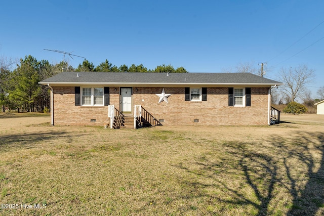 single story home with crawl space, brick siding, a shingled roof, and a front yard