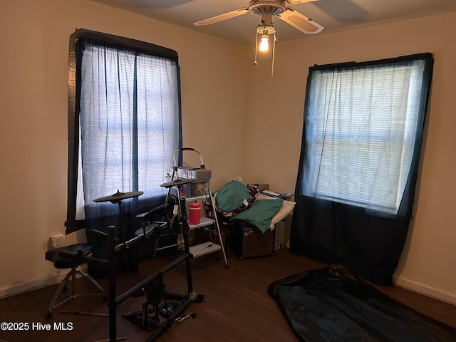 interior space featuring a wealth of natural light, baseboards, a ceiling fan, and wood finished floors