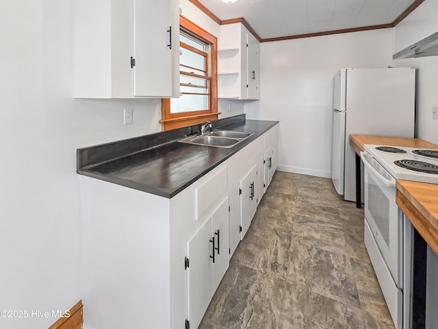 kitchen featuring open shelves, white appliances, white cabinets, and a sink