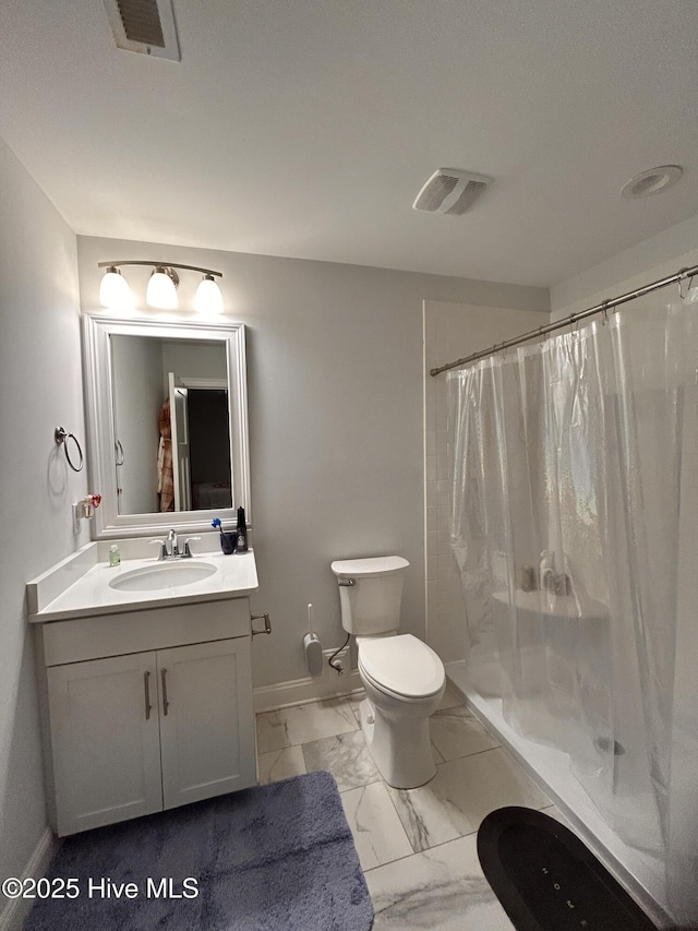 bathroom with toilet, marble finish floor, a stall shower, and visible vents