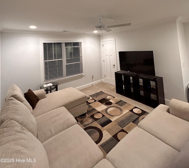 living area featuring carpet, baseboards, ceiling fan, and recessed lighting