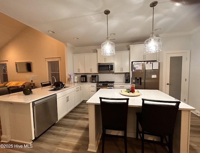 kitchen with dark wood-style floors, stainless steel appliances, a sink, and light countertops