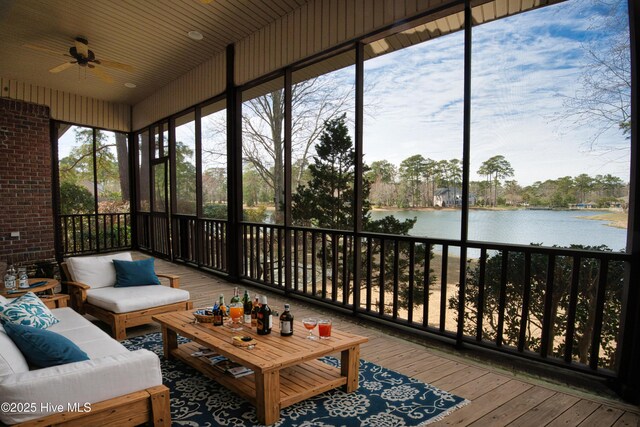 155 Abbington Pl SW, Ocean Isle Beach, NC 28469 - sunroom featuring a water view, ceiling fan, and outdoor lounge area