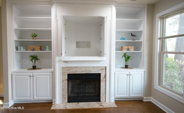155 Abbington Pl SW, Ocean Isle Beach, NC 28469 - detailed view of built in features, wood finished floors, a high end fireplace, and baseboards
