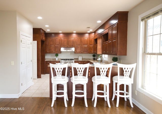 155 Abbington Pl SW, Ocean Isle Beach, NC 28469 - kitchen featuring under cabinet range hood, baseboards, a peninsula, range, and a kitchen bar