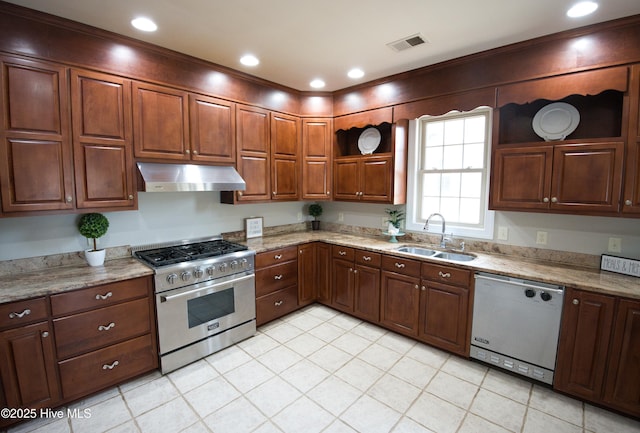 155 Abbington Pl SW, Ocean Isle Beach, NC 28469 - kitchen with stainless steel stove, dishwashing machine, under cabinet range hood, a sink, and open shelves