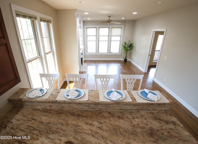 155 Abbington Pl SW, Ocean Isle Beach, NC 28469 - dining room with dark wood-type flooring, recessed lighting, baseboards, and ceiling fan