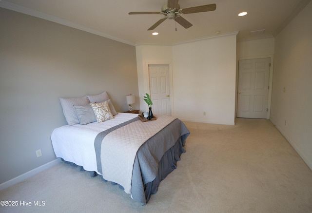 155 Abbington Pl SW, Ocean Isle Beach, NC 28469 - bedroom featuring recessed lighting, light colored carpet, crown molding, baseboards, and a ceiling fan