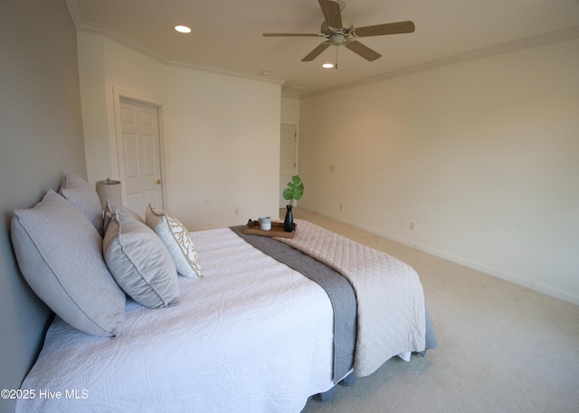 155 Abbington Pl SW, Ocean Isle Beach, NC 28469 - bedroom featuring light colored carpet, recessed lighting, crown molding, ceiling fan, and baseboards