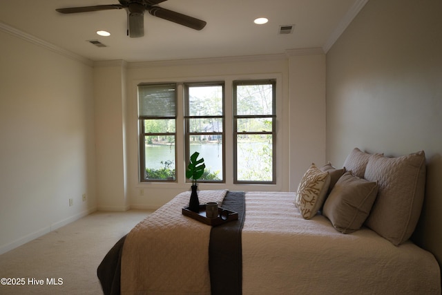 155 Abbington Pl SW, Ocean Isle Beach, NC 28469 - carpeted bedroom with baseboards, recessed lighting, crown molding, and a ceiling fan