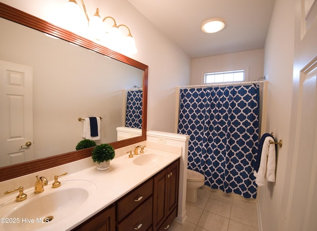 155 Abbington Pl SW, Ocean Isle Beach, NC 28469 - bathroom featuring toilet, tile patterned flooring, double vanity, and curtained shower