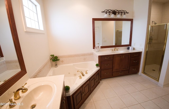 155 Abbington Pl SW, Ocean Isle Beach, NC 28469 - full bathroom with a shower stall, tile patterned flooring, a tub with jets, and vanity