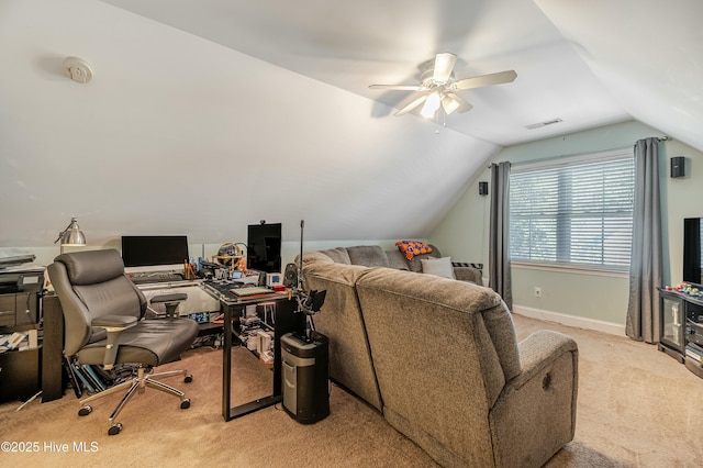 office with lofted ceiling, visible vents, light carpet, ceiling fan, and baseboards