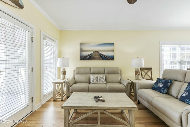 living room featuring ornamental molding, a wealth of natural light, light wood-style flooring, and baseboards