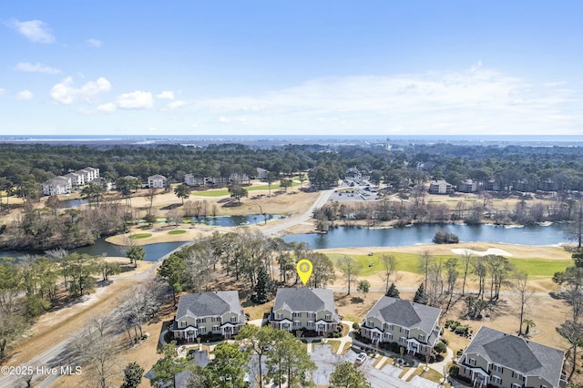 bird's eye view with a water view, a residential view, and golf course view