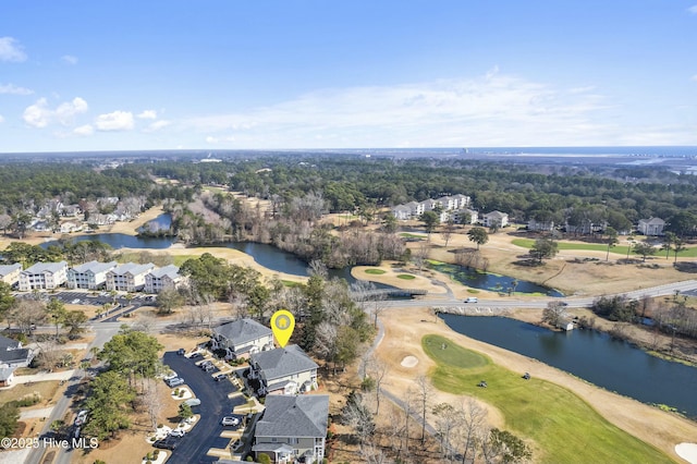 bird's eye view featuring golf course view and a water view