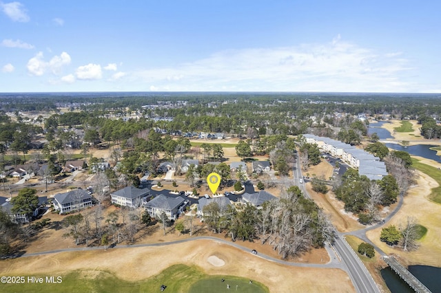 drone / aerial view featuring a water view and golf course view