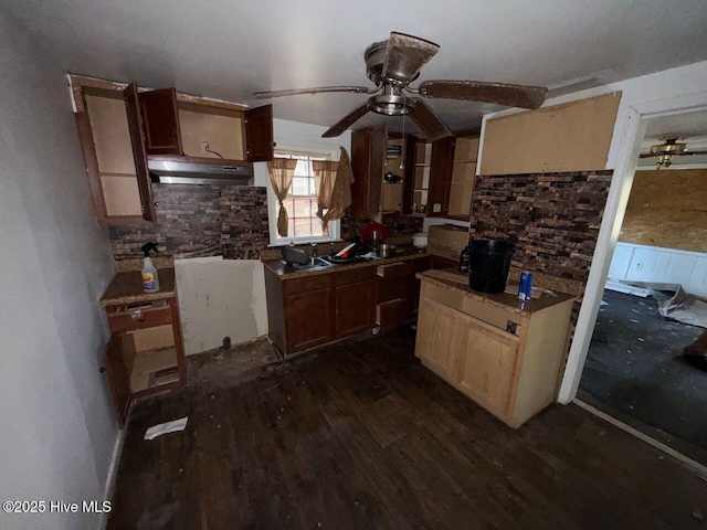 kitchen with backsplash, dark wood finished floors, under cabinet range hood, and ceiling fan